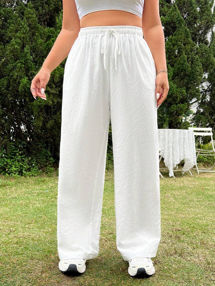 SHEIN EZwear Pantalones De Pierna Recta Con Cordón Para Mujeres De Talla Grande
