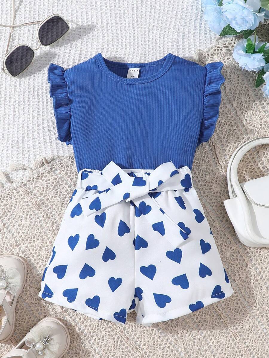 SHEIN Young Girl Round Neck Ribbed Top And Heart Printed Shorts Two-Piece Set