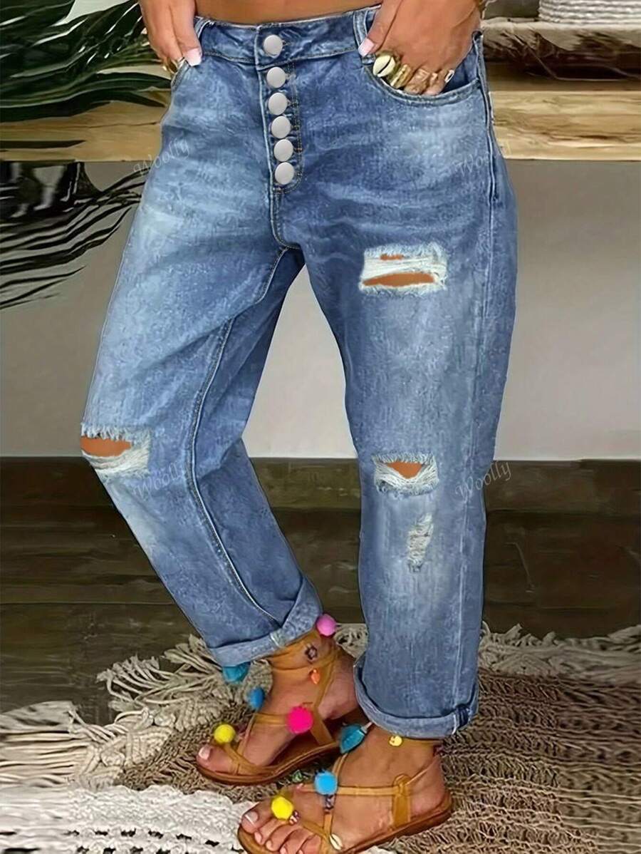 Single Breasted Distressed Rolled Hem Straight Leg Jeans