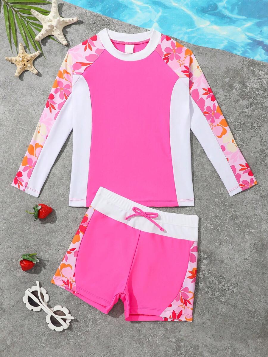 SHEIN Young Girls' Floral Print Long Sleeve Rash Guard Tankini Swimwear Set With Patchwork