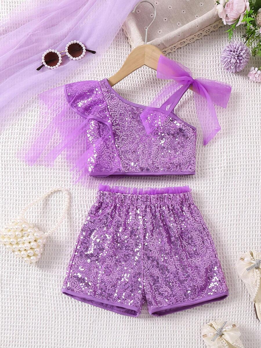 SHEIN Young Girl 2pcs/Set Sparkly Sequin Mesh Contrast Outfit, Suitable For Summer,Holiday,Summer,Travel, School, Campus, College