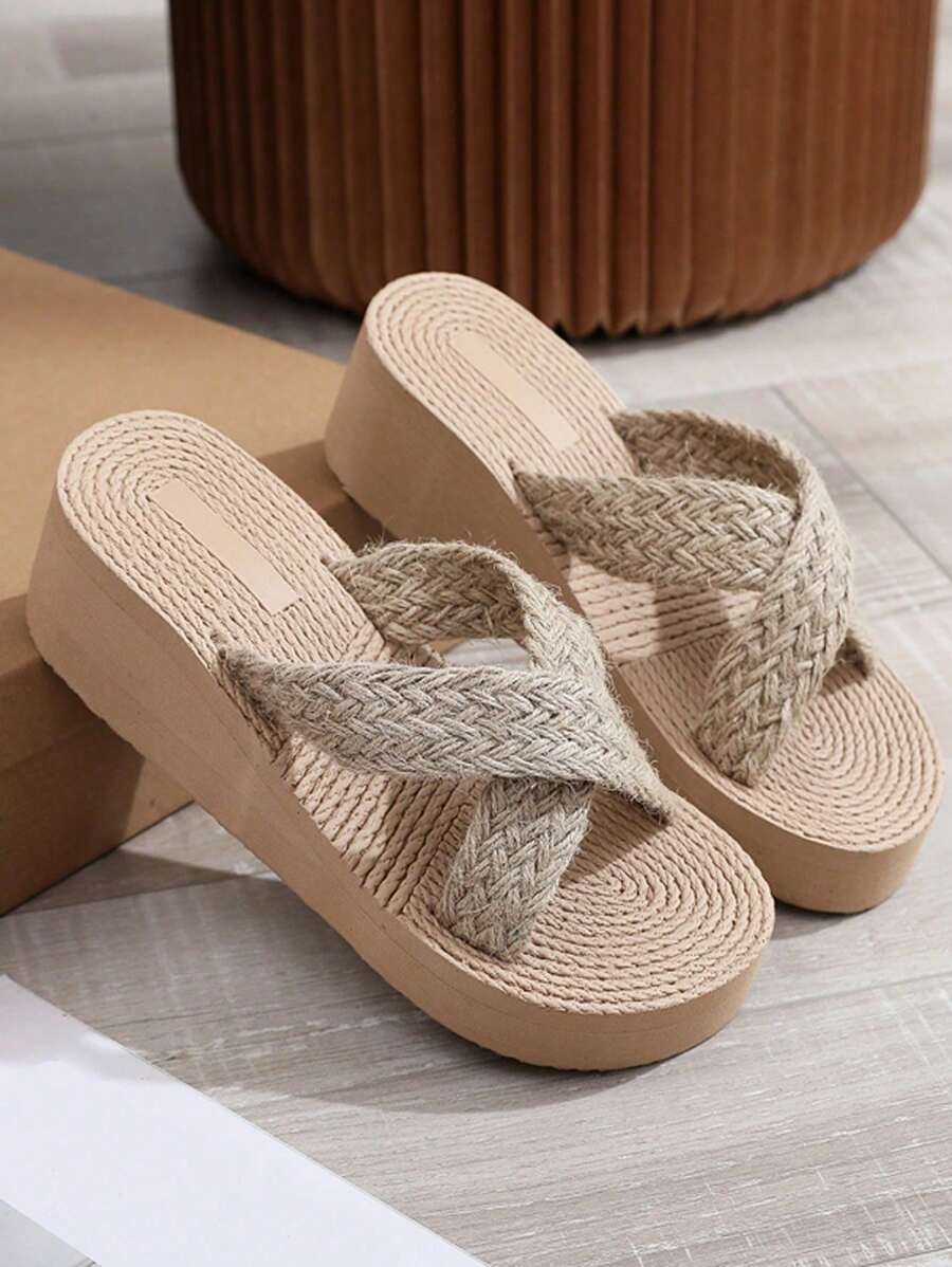 Women's Cross Strap Platform Sandals With Rope, Simple & Design, Suitable For All Seasons