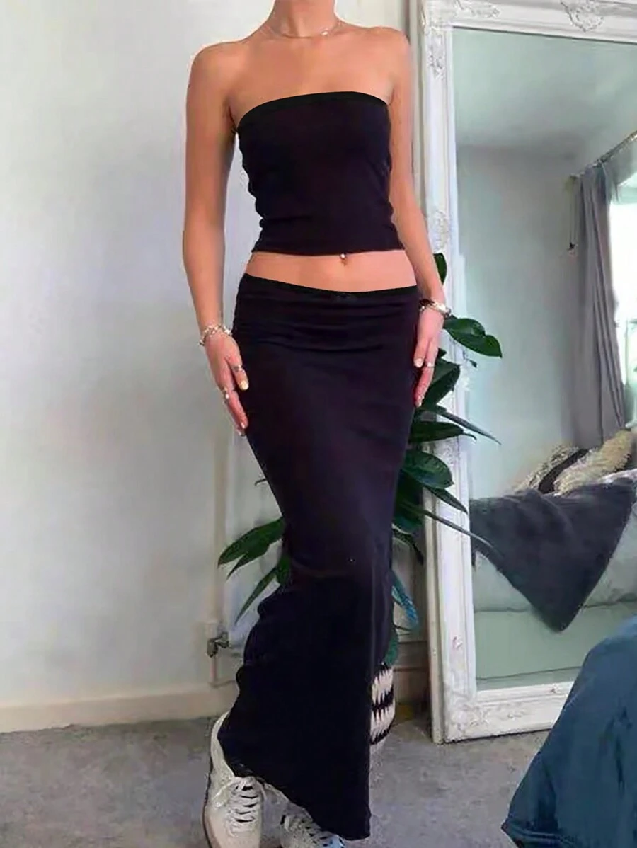 INAWLY Women's Strapless Solid Color Minimalist Top And Skirt Set