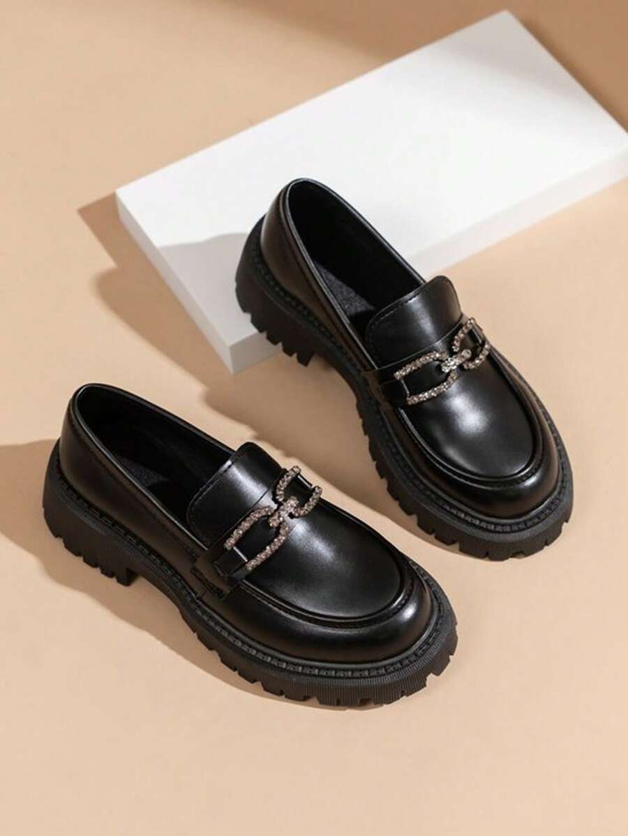 Women's Black Minimalist Style Thick-Sole Loafers With Rhinestone Decor, Mary Janes And Casual Fashion Flats For Spring/Autumn Valentines