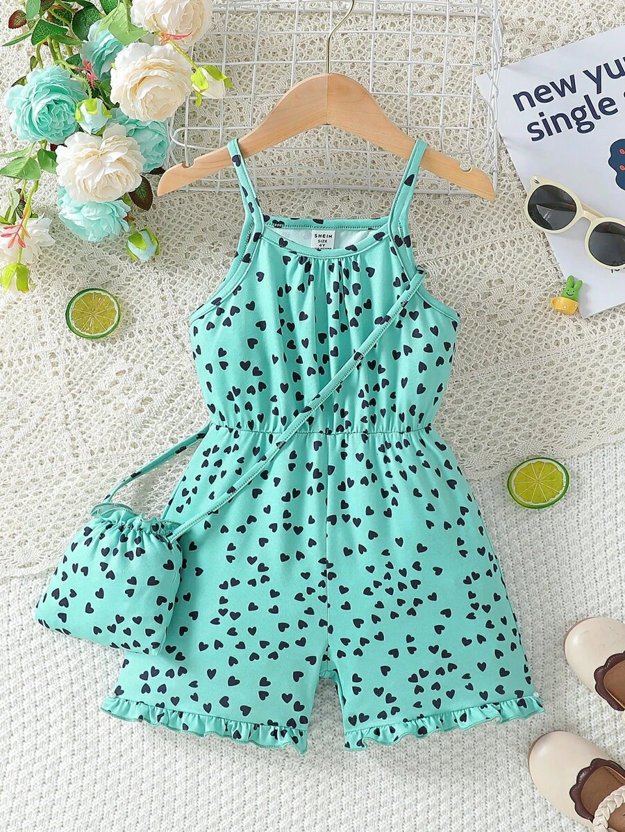 SHEIN Young Girl New Heart Printed Sleeveless Jumpsuit With Elastic Waist And Spaghetti Straps