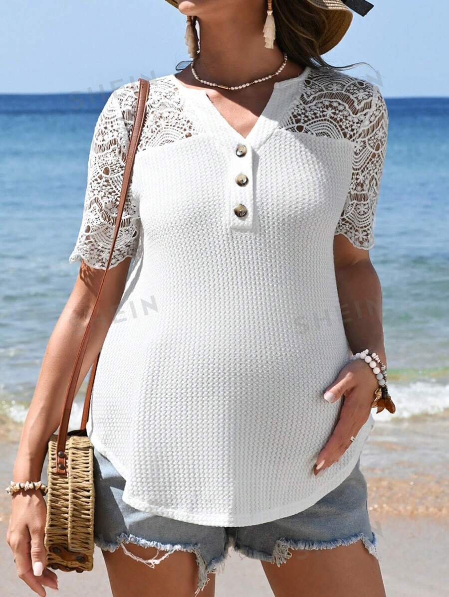 SHEIN Playera De Manga Corta De Encaje Y Parches Para Maternidad