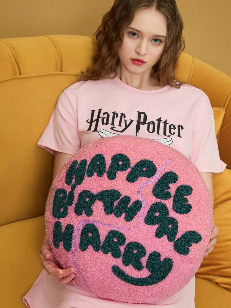 HARRY POTTER X SHEIN Birthday Cake Pink Plush Alphabet Pattern Pillow,Gifts