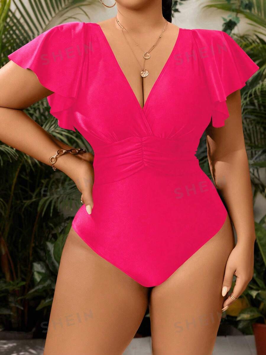 Swim Lushoire Traje de baño de una pieza con mangas estilo flutter y detalle fruncido en tamaño grande para verano en la playa con unicolor