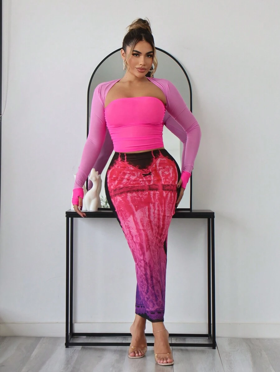 SHEIN SXY Bachelorette Party Concert Outfits Clothes Casual Summer Color Block Mesh Splicing Thumb Hole Long Sleeve Top