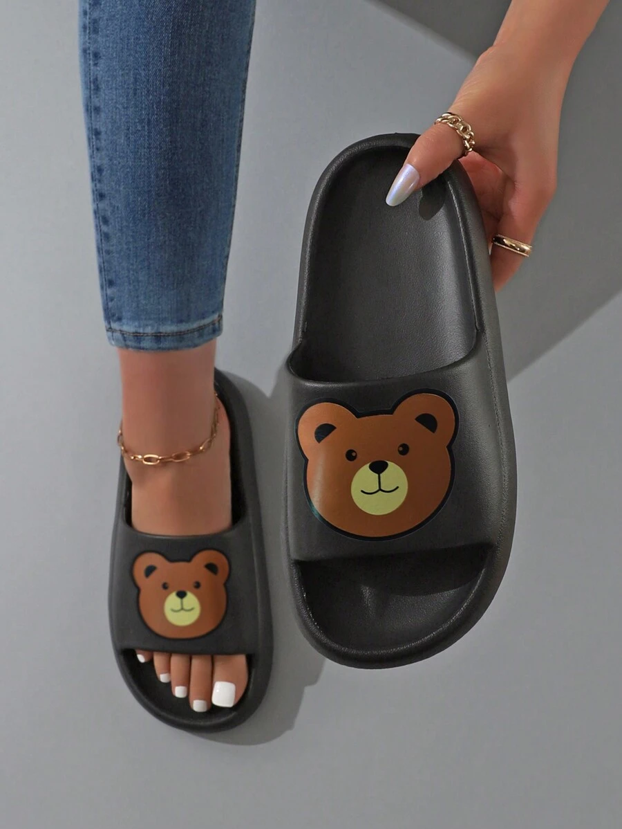 Modische Cartoon Bär Design Badeschuhe mit dicker Sohle und rutschfester Unterseite, geeignet für alle Jahreszeiten