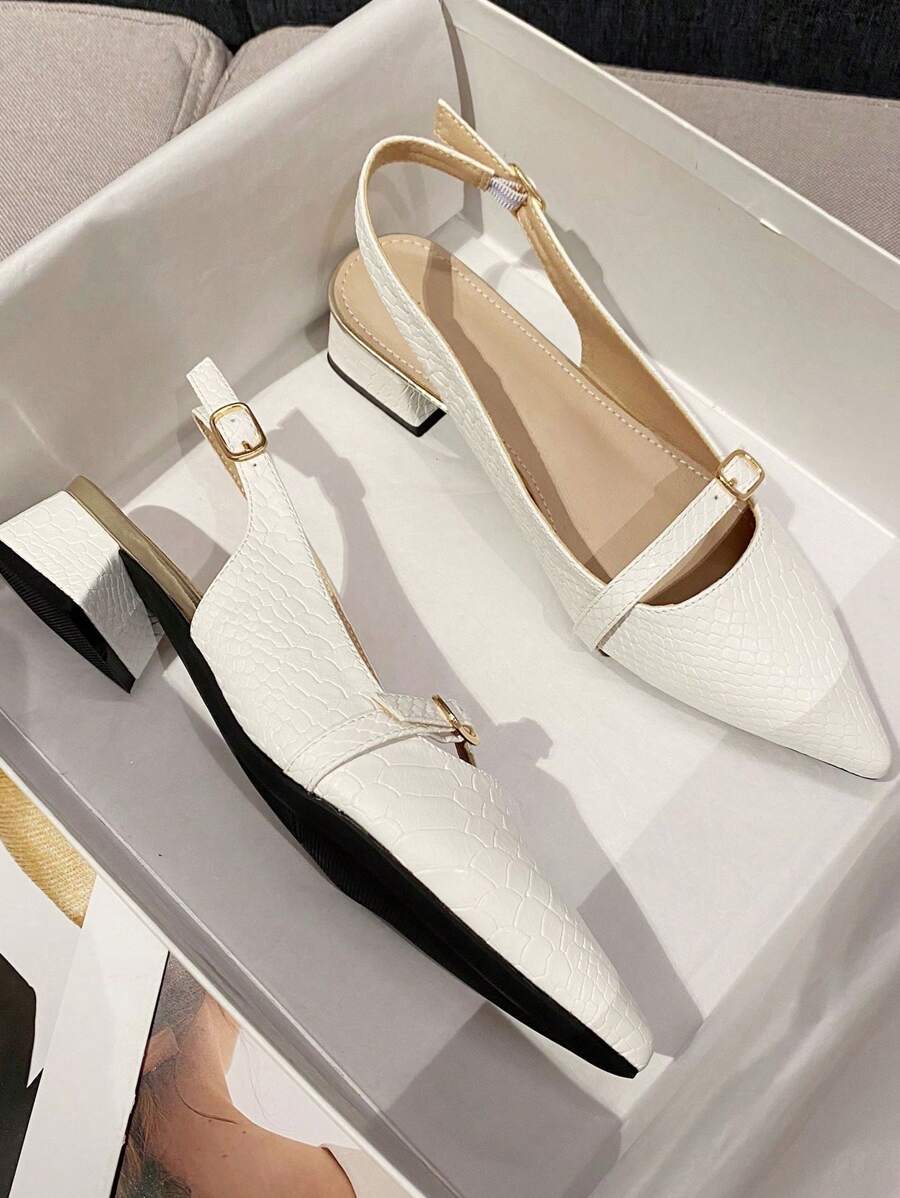 Fashionable Simple Style Pointed Toe Chunky Heeled Women's Flat Shoes With Decorative Strap Valentines