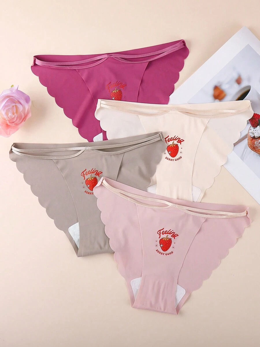 4 Piezas/pack Ropa Interior De Mujer Cómoda Sin Costuras Con Estampado De Fresa