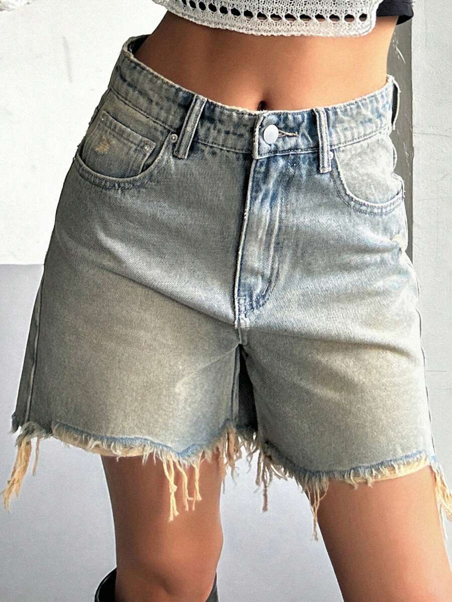 DAZY Women's Denim Shorts With Frayed Hem And Pockets