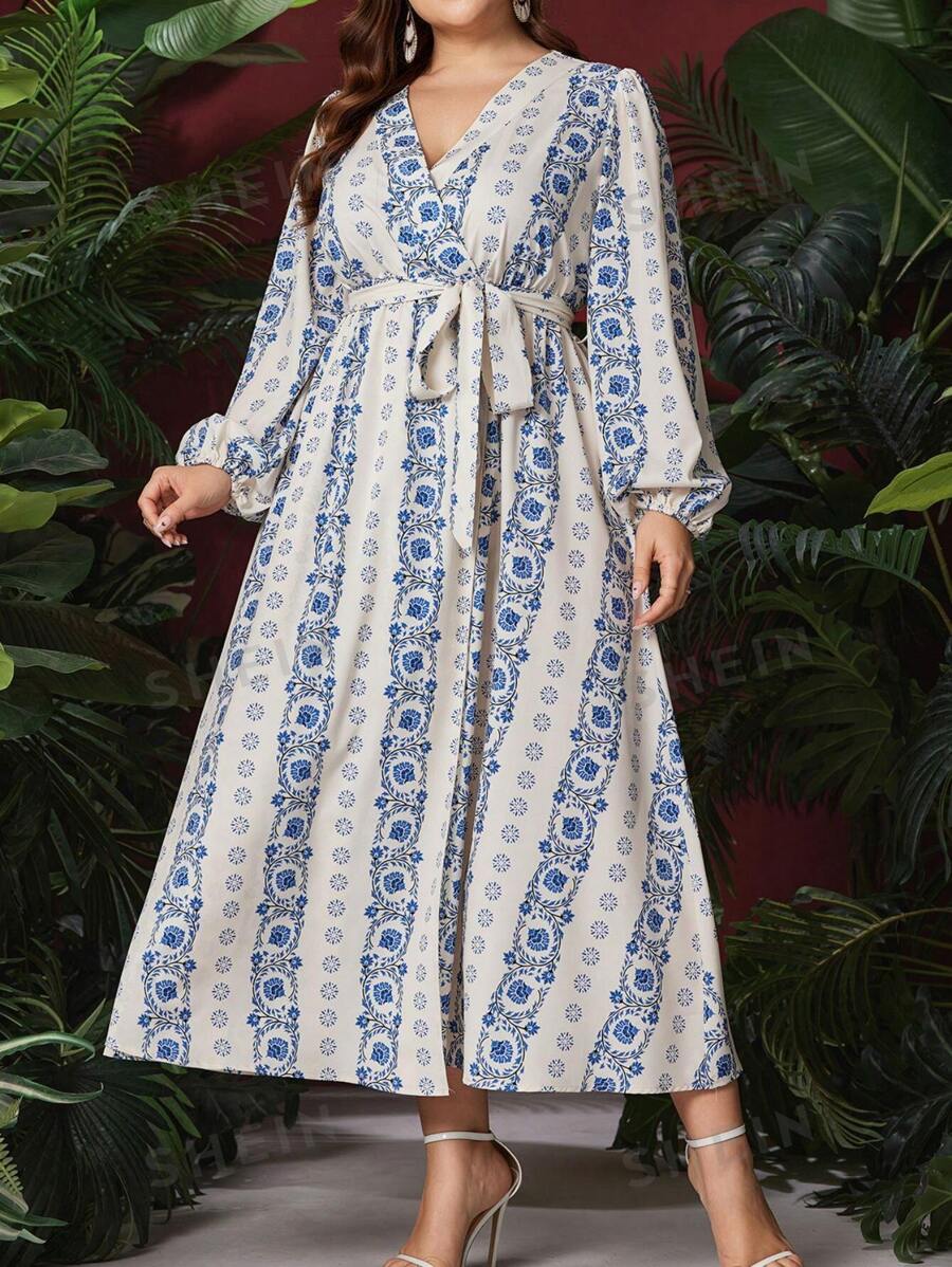 Mulvari Vestido De Manga De Farol Con Patrón Floral Para Mujer De Talla Grande