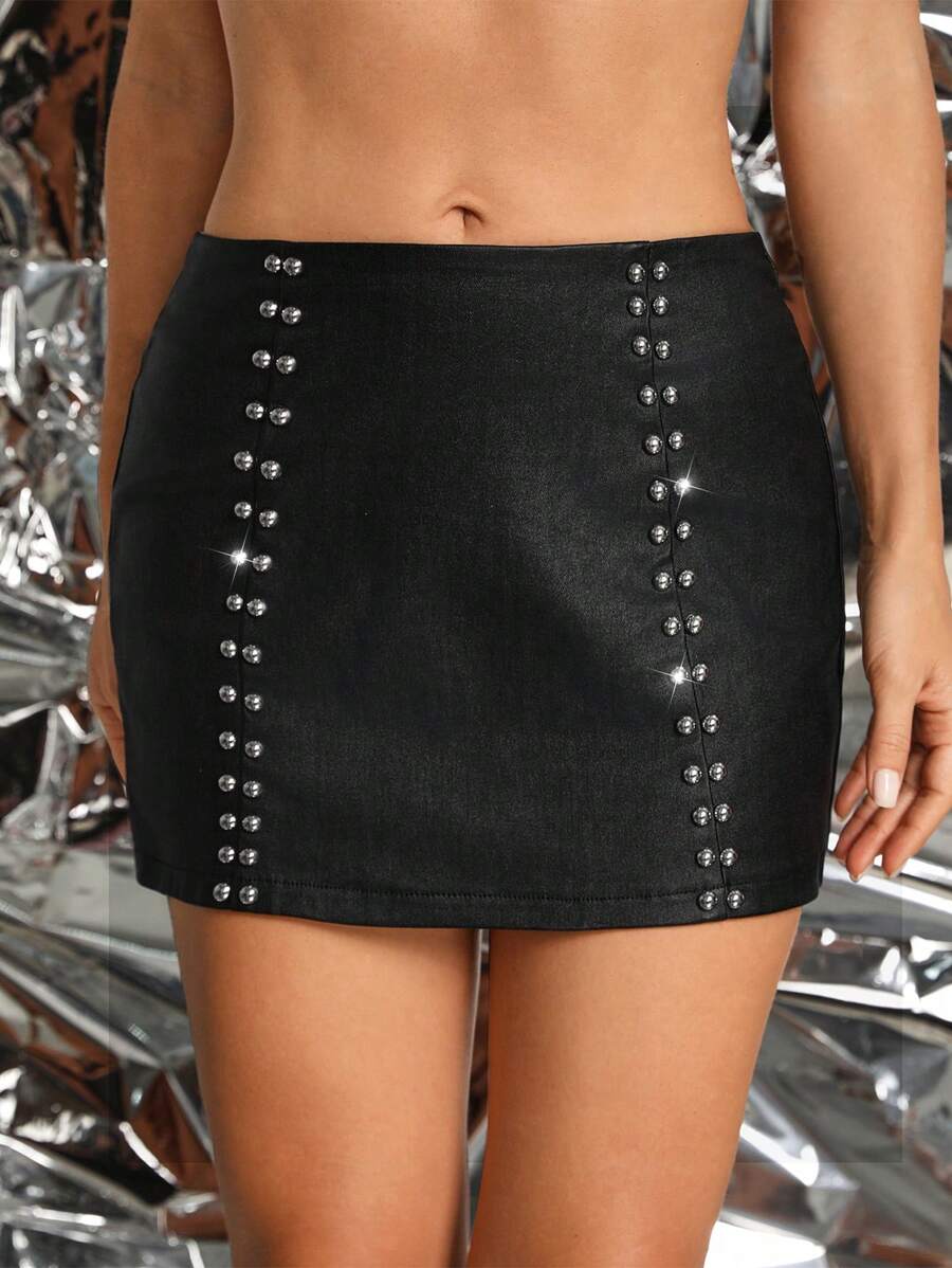 SHEIN Allurite Women's Fashionable Rivet Design Short Faux Leather Skirt