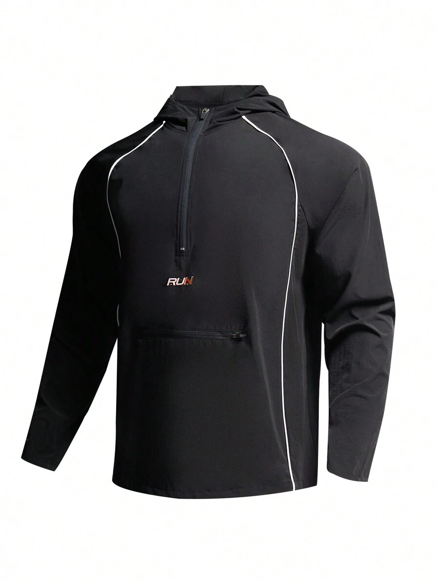 Manfinity Sport Corelite Boyfriend Style Men's Spring And Autumn Hooded Sweatshirt With Zipper And Half Placket, Letter Print, Long Sleeves, Sports Style Hoodie Boyfriend Style Men Sweatshirt