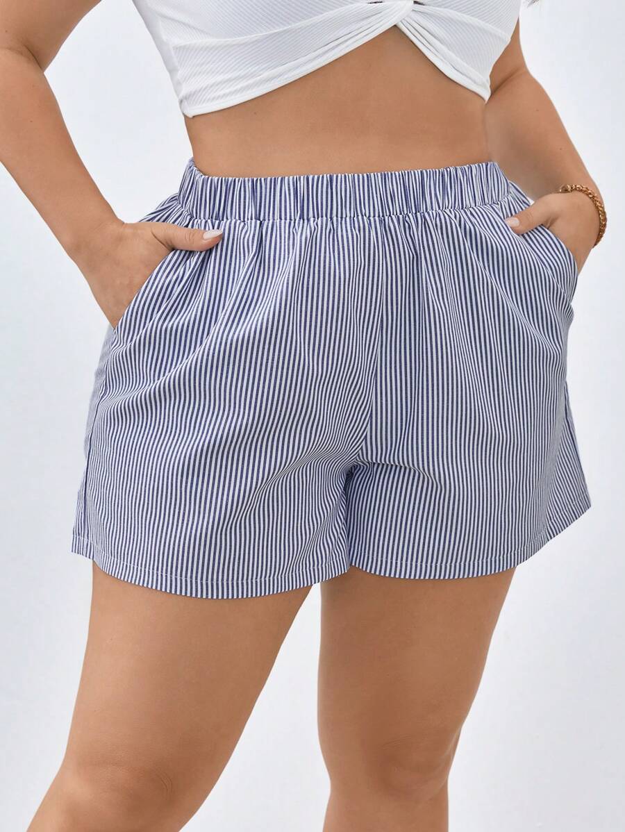 SHEIN Essnce Plus Size Blue & White Striped Casual Holiday Comfortable Loose Shorts