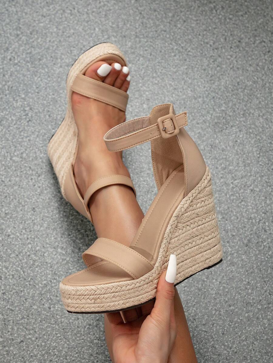 Women's Wedge Heeled Sandals With Thick Waterproof Platform, Straw Rope Design Cross Band And Buckle Closure, Suitable For Spring, Summer And Holiday Outfits In Bohemian And Sexy Style