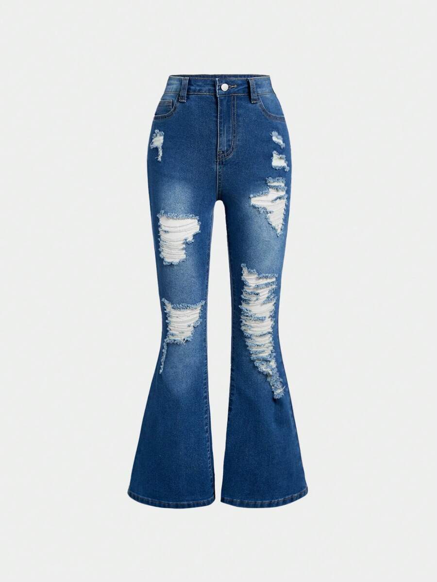 SHEIN Girlism Jeans mit ausgestelltem Bein im Boho-Stil mit Distressed-Effekt für Tween Mädchen im Frühjahr und Sommer