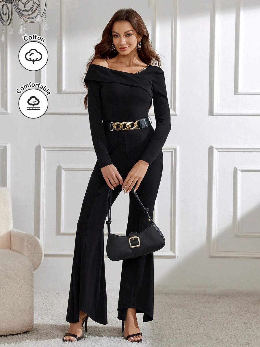 Modelyn Women's Asymmetrical Neckline Flared Jumpsuit
