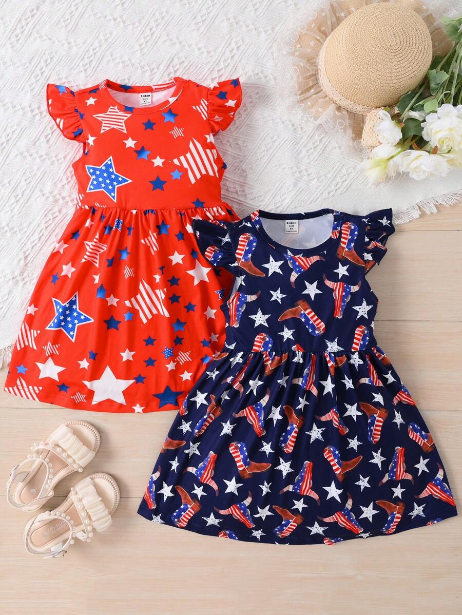 SHEIN Set 2 piese Eid Al-Adha pentru fete mici, rochie cu mâneci fluturate cu imprimeu cu stele, potrivită pentru Ziua Independenței