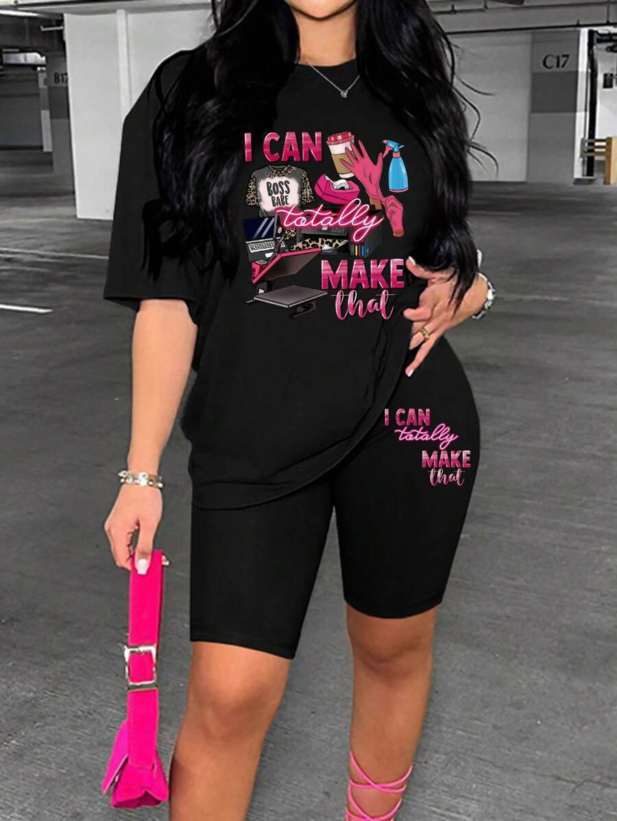 Rovax Conjunto informal de verano para mujer de dos piezas - Camiseta de manga corta con cuello redondo y estampado de lema, y pantalones cortos