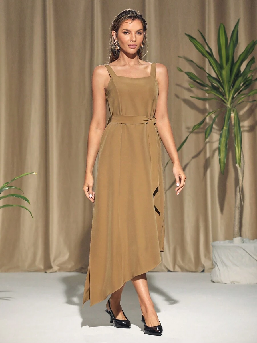 KES Vestido midi de princesa sin mangas color caqui, vestido elegante de verano para vacaciones, fiestas, cumpleaños, festivales, boda, baile de graduación