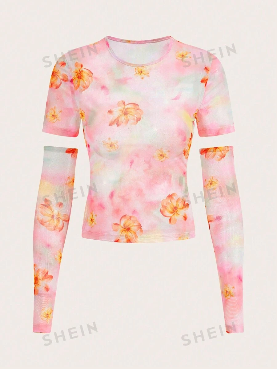 SHEINNeu Top De Manga Corta Y Manga De Brazo Transparente Para Mujer Kidcore Dopamine Con Estampado Floral De Malla
