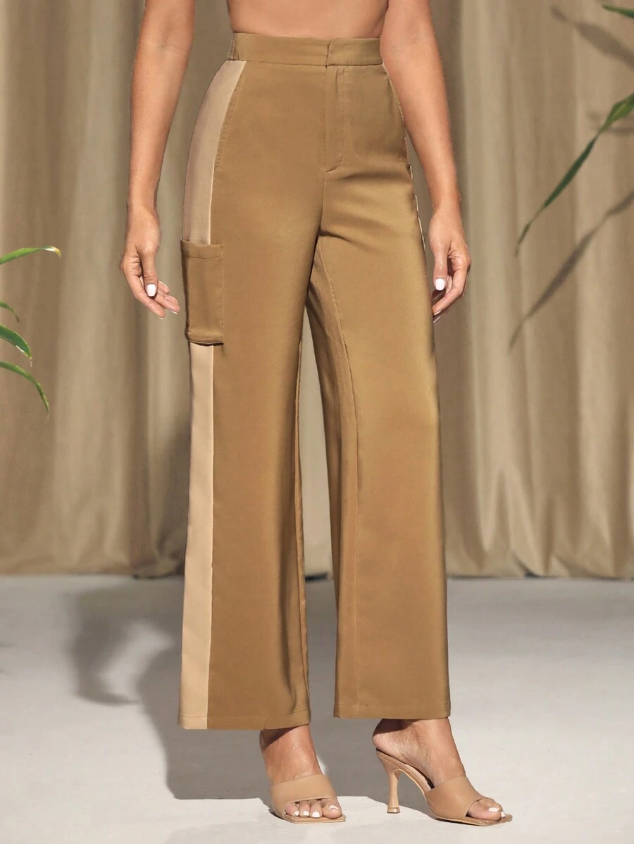 KES Pantalones de dos tonos en caqui para mujer diseñador, para otoño e invierno, vacaciones, festivales