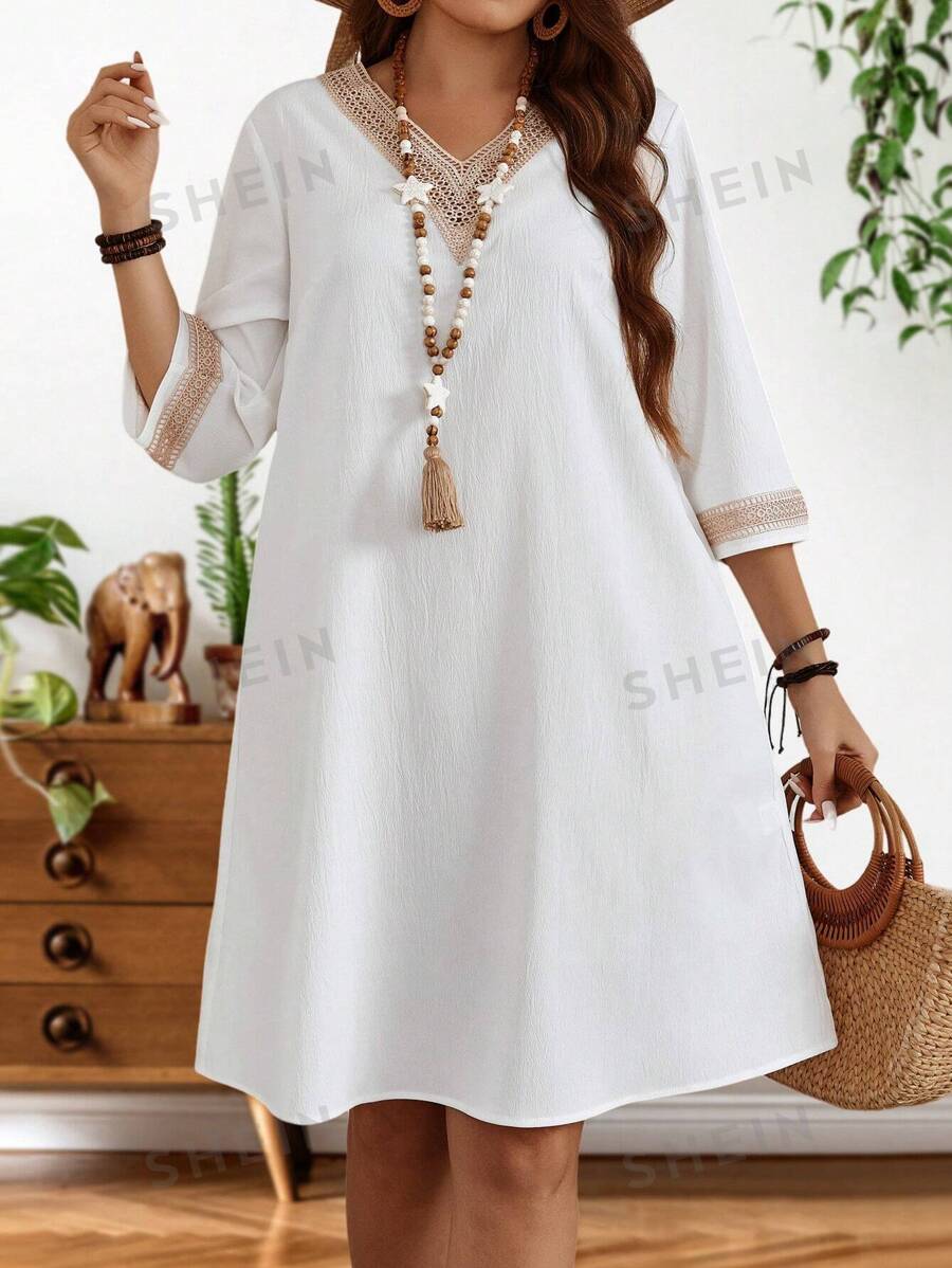EMERY ROSE Vestido Recto Blanco Con Encaje Y Parches De Estilo Veraniego Para Mujeres De Talla Grande En Vacaciones