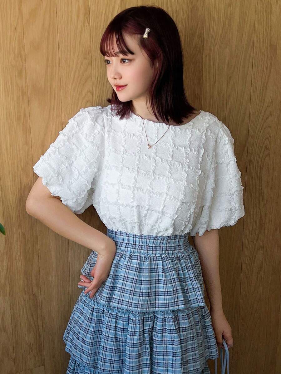 FRIFUL Women's Round Neck Solid Color Bubble Sleeve Fashionable And Versatile Spring/Summer Short Sleeve T-Shirt