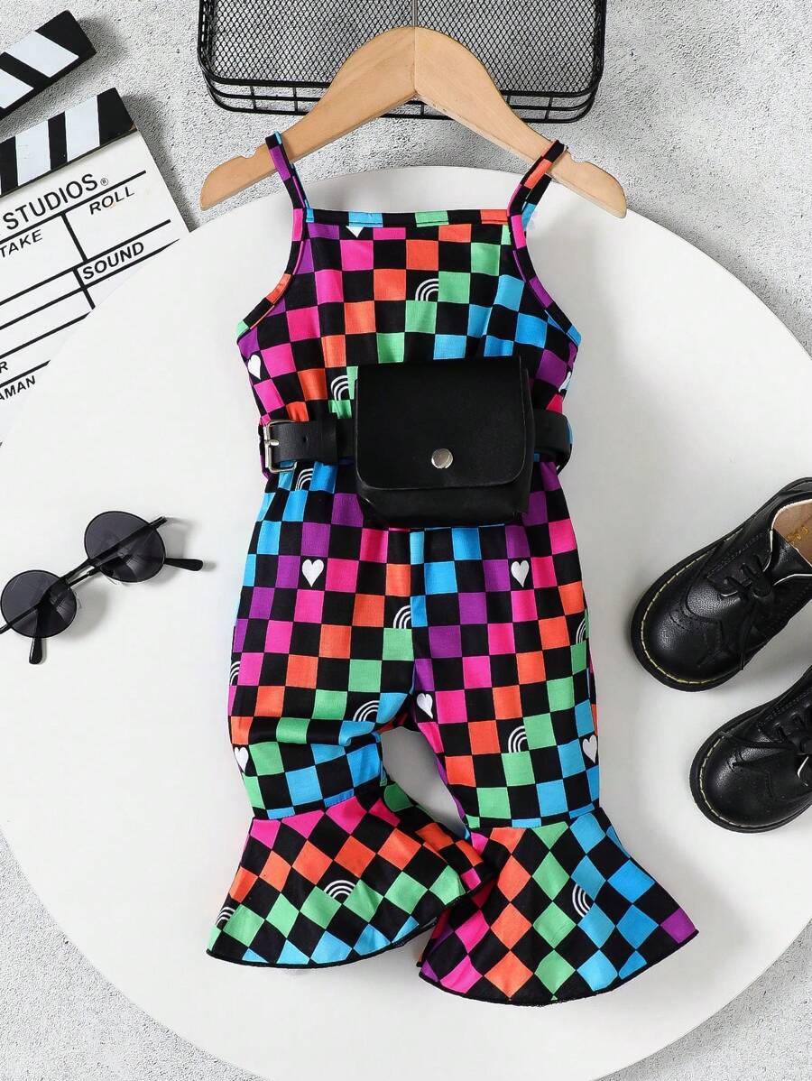 Baby Girl Y2k Streetwear Mosaic Print Spaghetti Strap Flare Jumpsuit With Waist Bag For Summer