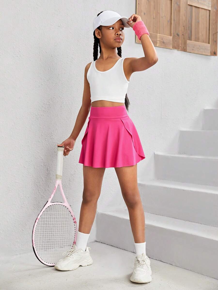 SHEIN Tween Mädchen Sportkleidung Set, Bestehend Aus Einfarbigem Westen Und Rock Mit U-förmigem Ausschnitt, Kreuzt Am Taillenbereich (mit Enganliegender Shorts, Um Das Herausblitzen Zu Verhindern)