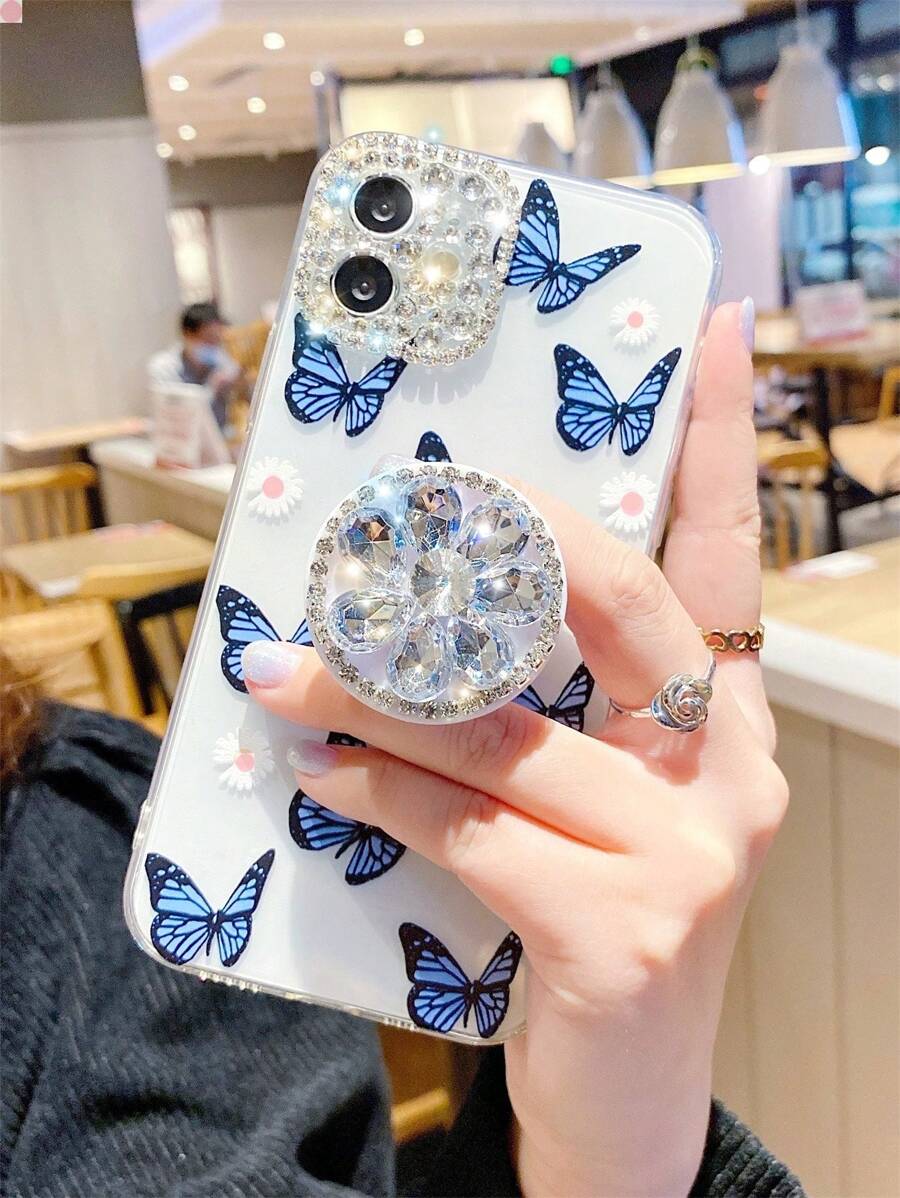 Phone Holder With Phone Charm Summer Butterfly Pattern Phone Case With Stand-Out Phone Grip Compatible With IPhone15/15Plus/15Pro/15Promax