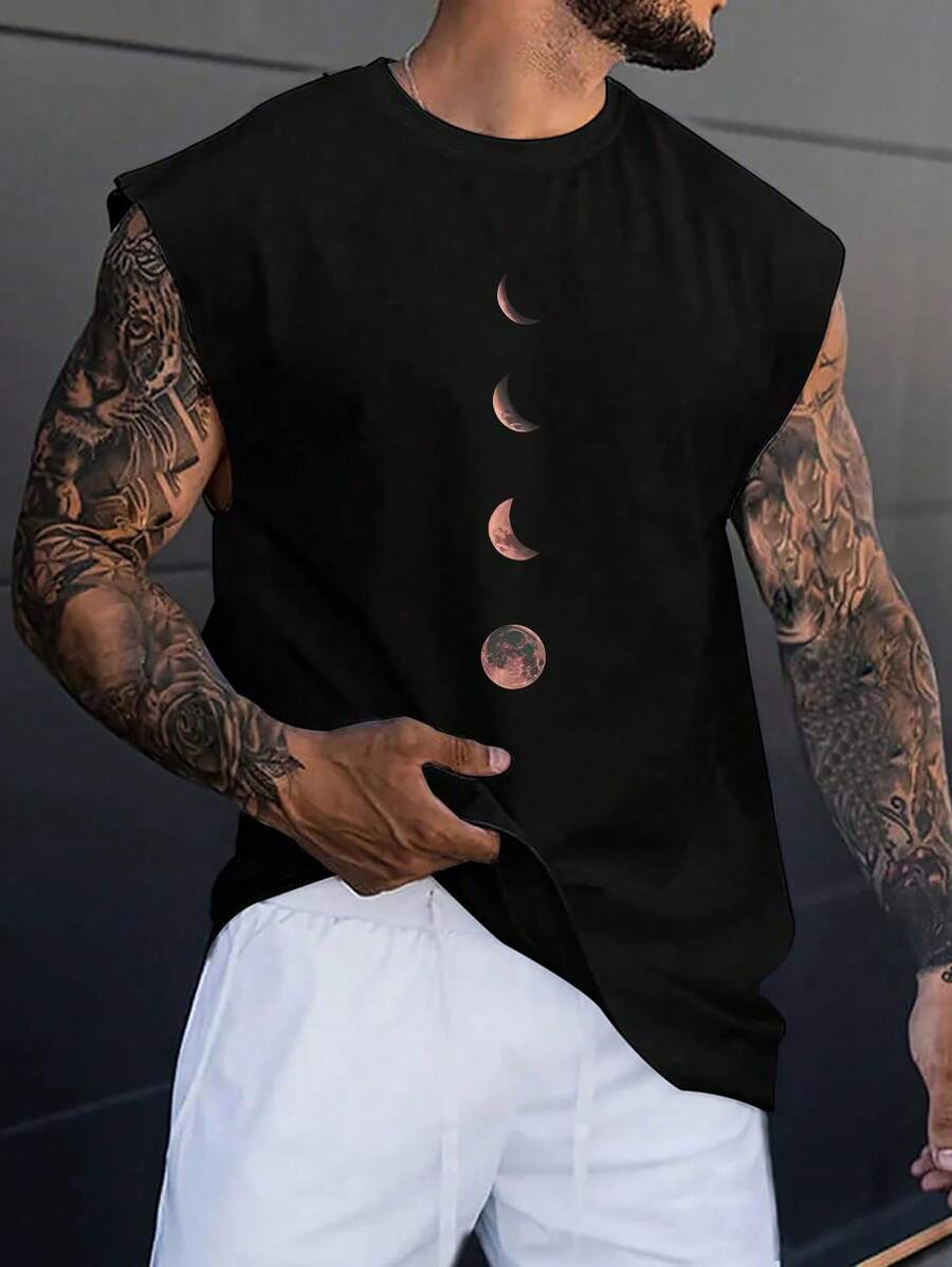 Manfinity Homme Camiseta de tirantes ancha vintage con estampado gráfico de la luna para hombre, ideal para primavera/verano, vacaciones, atuendo para raves, amigos