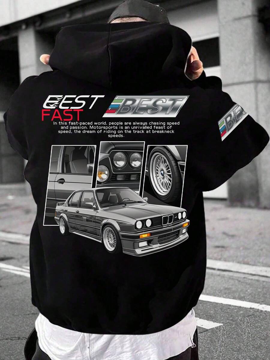 Manfinity EMRG Men's Casual Oversized Hoodie With Car And Letter Design Going Out Graphic Long Sleeve Hoodie, For Friends, Husband, Boyfriend Gifts