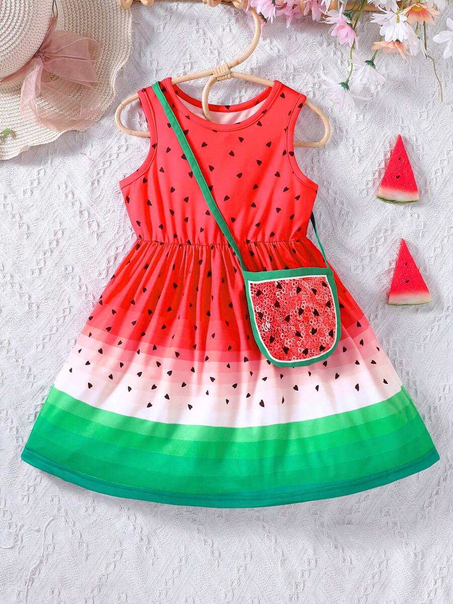 SHEIN Young Girls' Cute Watermelon Printed Ombre Sleeveless Dress With Bag, Summer