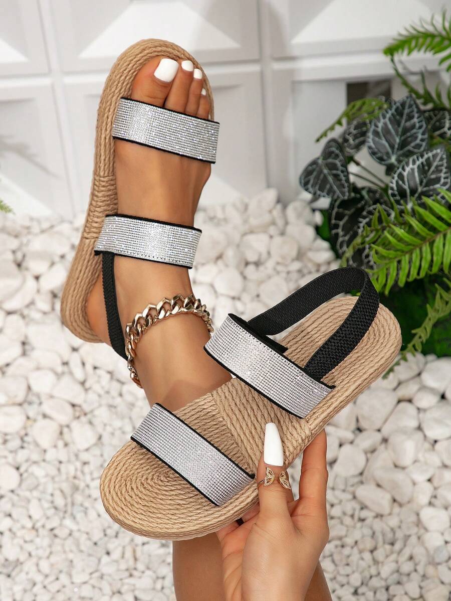 Women's Flat Sandals With Glittery Decor & Faux Linen Rope Sole, Comfortable Suitable For Holiday, Travel, Beach