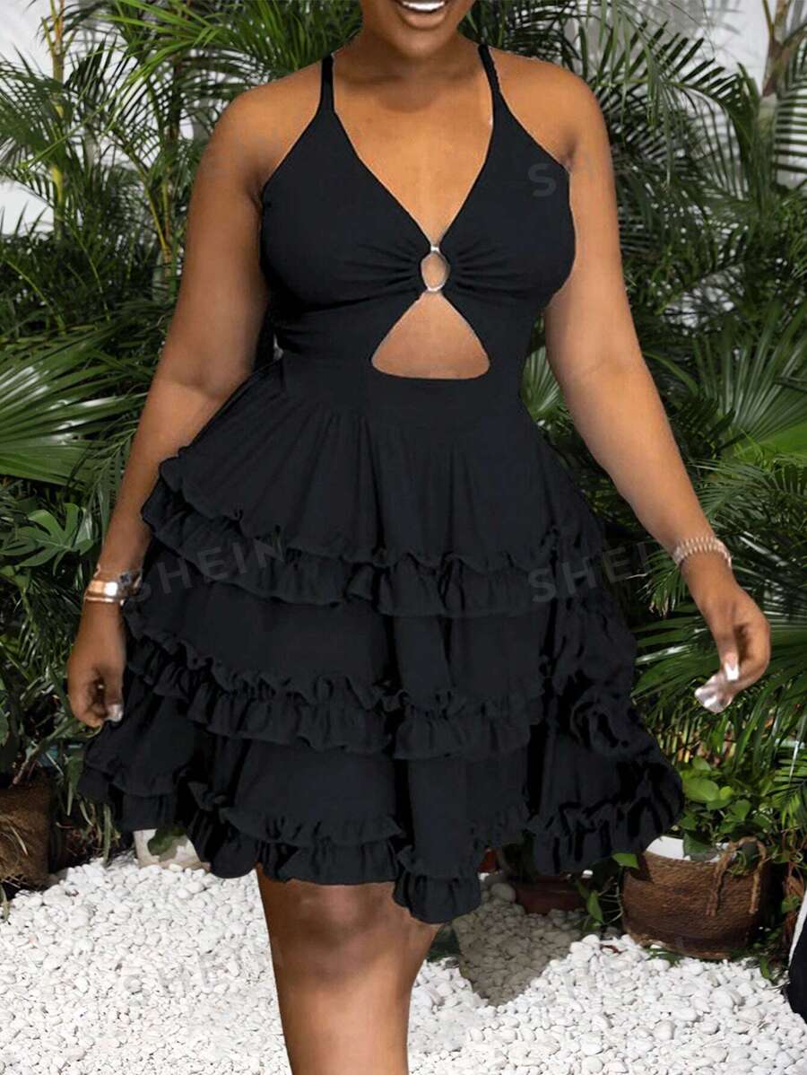 Slaydiva Vestido Elegante Con Tirantes Espagueti, Dobladillo Con Volantes Hueco De Color Sólido Para Vacacionar