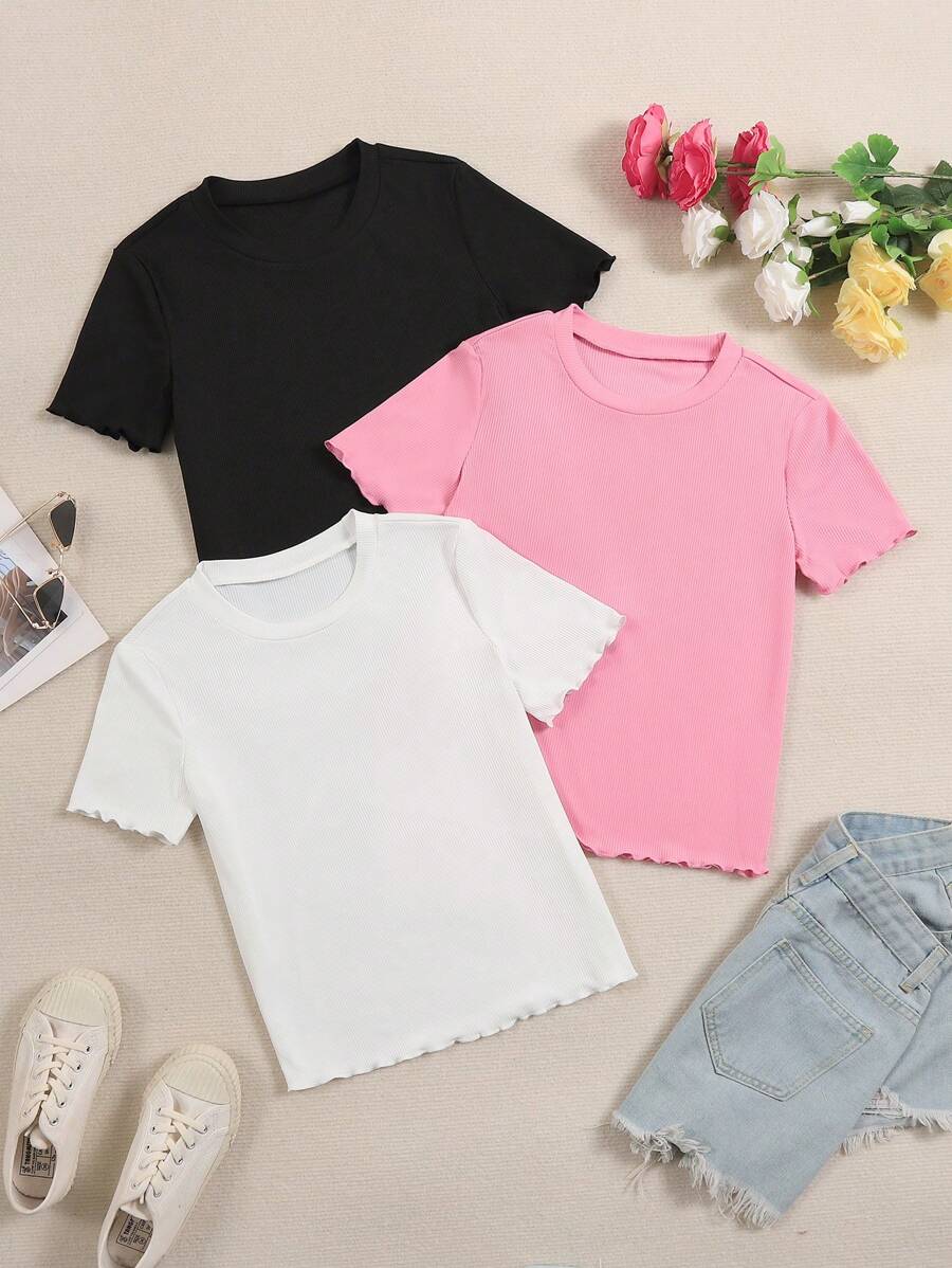 SHEIN Tween Girls' Solid Color Lettuce Trim Short Sleeve T-Shirt