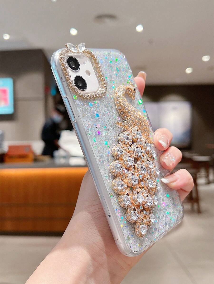 Rhinestone Peacock Decor Phone Case Compatible With iPhone15/15Plus/15Pro/15Promax