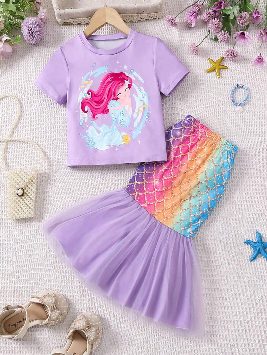 SHEIN Conjunto de top com estampa de sereia e saia de tule com estampa de escama para meninas jovens.