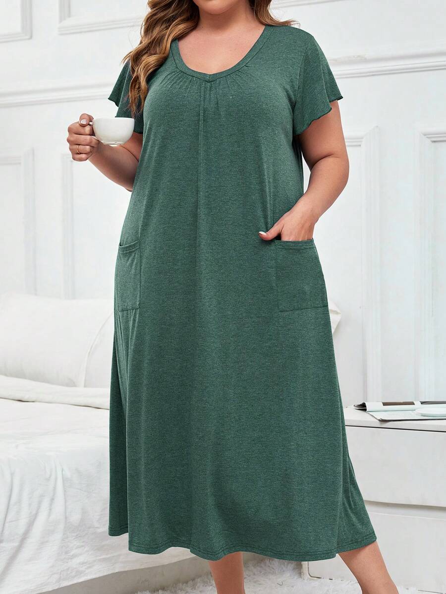 Vestido de pijama informal de tela transpirable con cuello en V, doble bolsillo y vestido largo para talla grande