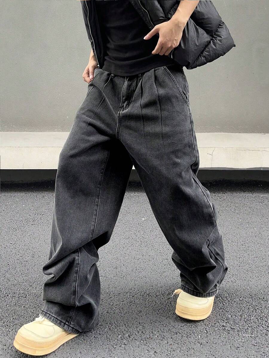 Manfinity Hypemode Men's Wide-Leg Loose-Fit Jeans With Slanted Pockets