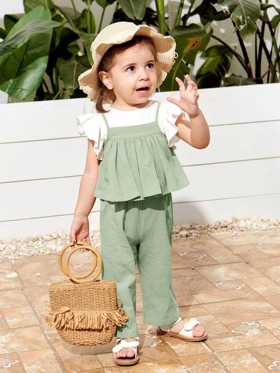 SHEIN Conjunto Casual De 3 Piezas Para Niña, Top Con Volantes En Las Mangas, Tirantes Y Pantalones Largos Con Cintura Elástica