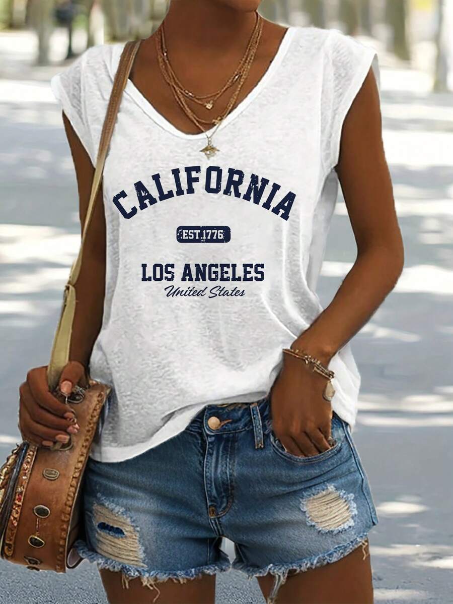 SHEIN LUNE Débardeur décontracté et simple à col en V avec impression de lettres, convient pour l'été CALIFORNIA EST.1776 LOS ANGELES États-Unis