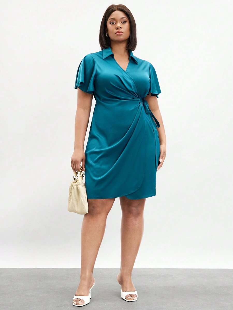 BizChic Plus Size Solid Color Side Knot V-Neck Casual Elegant Dress, Wedding Guest Dress
