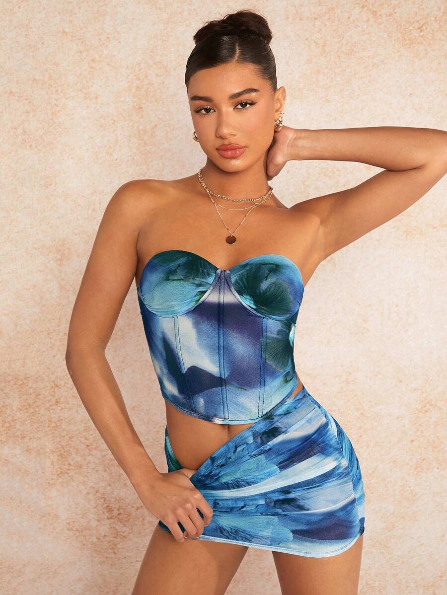 SHEIN BAE Zomer bloemenpatroon strandvakantie korset top tweedelige outfits, bikini sets,