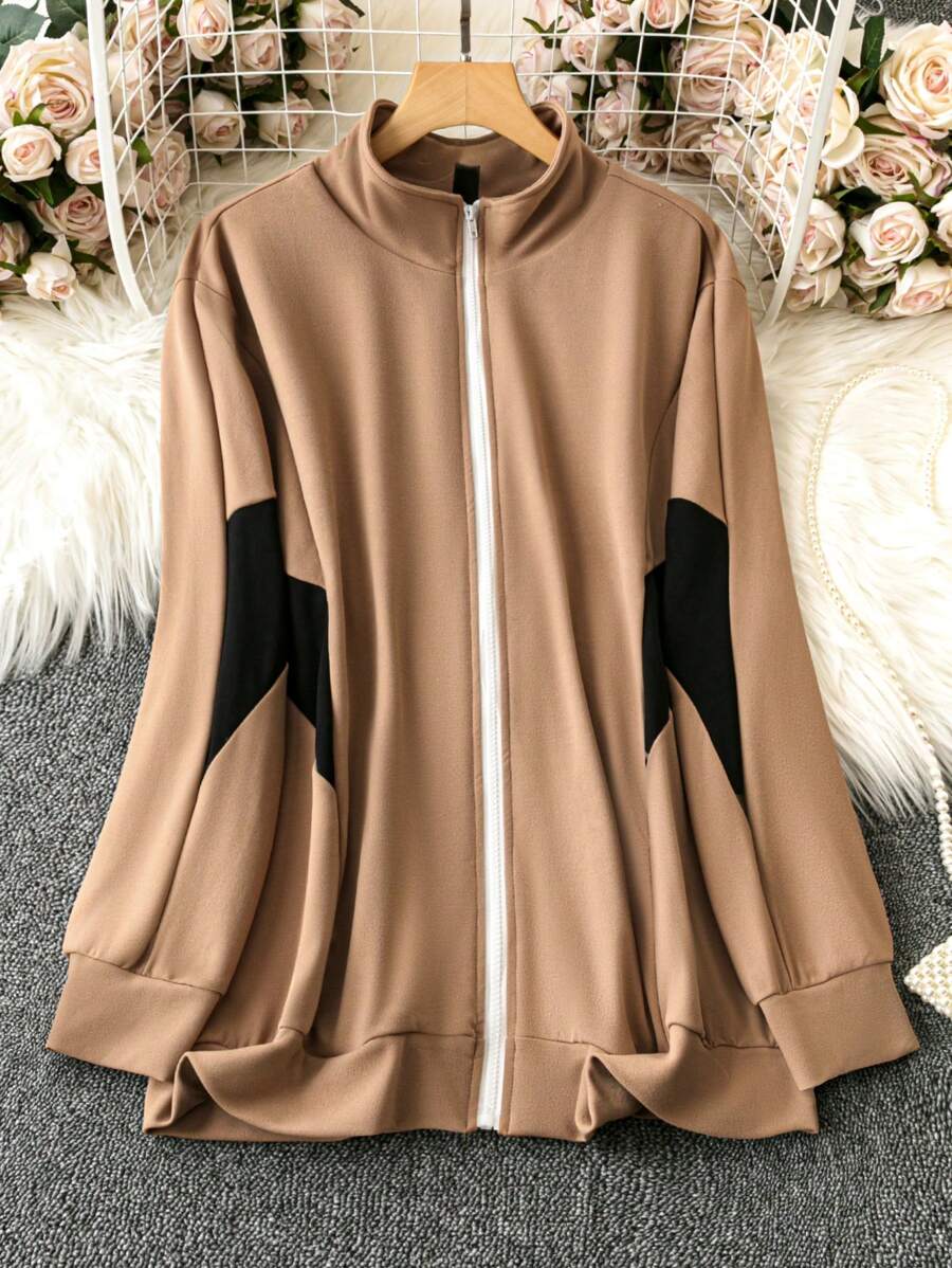 SHEIN LUNE Talla Grande Chaqueta Casual De Manga Larga Con Estampado De Bloques De Color, Cierre Frontal De Cremallera Y Cuello Alto Para Primavera Y Otoño Para Mujer
