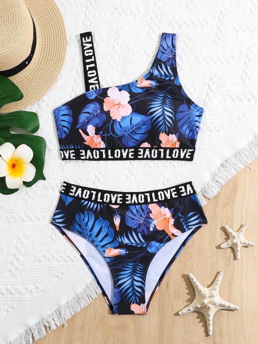 Ensemble bikini bandeau pour fille préadolescente à imprimé tropical aléatoire avec détail de lettre